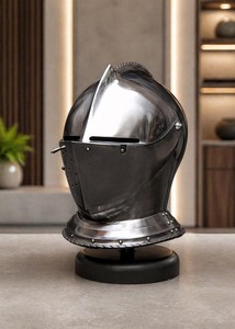 Casco de Caballero Medieval Plateado, Armadura de Acero Pulido en 3D con Base de Madera para Decoración del Hogar - Product Image 5