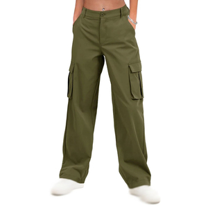 Pantalones Cargo Holgados de Lona para Mujer, Cintura Media, Frente Plano, Estilo Urbano, Casual, con Múltiples Bolsillos - Product Image 2