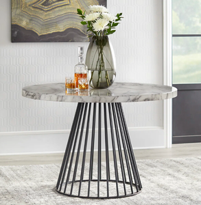 Table à manger de style rustique moderne, base en bois d'acacia massif en forme de tambour, plateau en marbre, finition naturelle à base d'eau. - Product Image 1