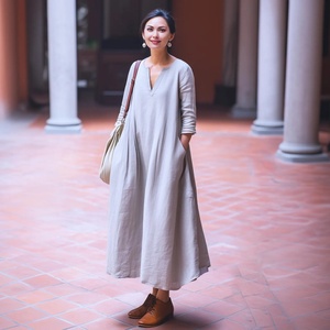 Vestido Midi de Lino Orgánico con Mangas Campana y Bolsillos, Estilo Vintage, Cintura Alta, Transpirable, Casual, Holgado, para Primavera, Verano y Otoño, Tallas Grandes, Ideal para Vacaciones - Product Image 1