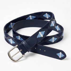 Ceinture Polo en Cuir Véritable Bleu Marine avec Boucle en Acier Inoxydable, Motif Paisley, Technique de Tressage, Style Western Décontracté Unisexe - Product Image 1