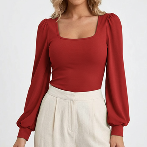 Women Fitted Rib Fabric Top Long Sleeve Square Neck Casual Slim Style <b>Shirt</b> - Product Image 1