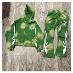 Conjunto de Sudadera con Capucha y Pantalones Acampanados para Hombre, de Forro Polar, 100% Algodón, Transpirable, con Efecto Desgastado por el Sol, con Cremallera, ODM, Primavera - Product Image 5