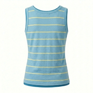 Camiseta sin mangas a rayas con logo personalizado estampado en relieve, transpirable, cuello redondo, tejida, informal, de verano, 100 gramos de poliéster para mujer - Product Image 2
