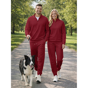 Men's Solid Red Cotton Tracksuit Quarter-Zip Sweater Pants <b>Set</b> Casual Autumn Wear - Product Image 5