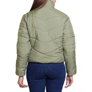 Chaqueta Acolchada Verde Oliva para Mujer, Cuello Alto, Manga Larga, Cierre de Cremallera, Chaqueta Corta de Invierno, Color Sólido, Relleno de Poliéster - Product Image 4