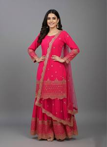 Costume Anarkali traditionnel pour femmes avec dupatta brodé, coupe ample, longueur au sol, bleu marine, broderies dorées, style indien pakistanais - Product Image 1
