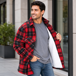 Wholesale New Custom Denim <b>Mens</b> Red Black Plaid Sherpa Lined Winter <b>Jacket</b> Zip Front Casual <b>Warm</b> Flannel Dyed Breathable Custom - Product Image 6