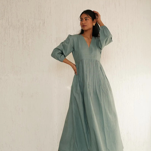 Vestido largo de algodón suave para mujer, cuello en V, manga 3/4, corte holgado, estilo bohemio, cómodo vestido largo de verano - Product Image 2