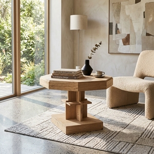 Modern Octagonal Solid <b>Wood</b> Coffee <b>Table</b> Elegant Geometric Pedestal Accent <b>Table</b> For <b>Rustic</b> Living Room Setup Art Design Pure - Product Image 3