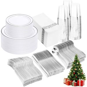 Set di Stoviglie in Plastica Argento 350 Pezzi, Decorazioni per Feste, Include 50 Piatti, Posate, Tovaglioli e Bicchieri - Product Image 1