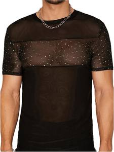 T-shirt en maille transparente avec strass pour hommes, haut sexy transparent et scintillant, tenue de soirée à manches courtes, tenue de soirée à la mode - Product Image 2