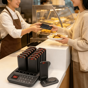 ระบบเรียกพนักงานไร้สายสำหรับร้านอาหาร สีดำ ทำจากพลาสติก ใช้พลังงานจากแบตเตอรี่ สำหรับบุฟเฟ่ต์และบาร์ พร้อมเครื่องส่งสัญญาณแบบปุ่มกด - Product Image 1