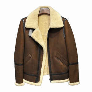 Blouson bomber en cuir véritable marron pour homme, doublé en sherpa, fermeture éclair, vêtement d'extérieur d'hiver, décontracté - Product Image 2