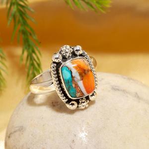 Cushion Shape Spiny Oyster Copper <b>Turquoise</b> <b>Ring</b> Sterling Silver Multi Colored <b>Turquoise</b> December Birthstone Jewelry - Product Image 2