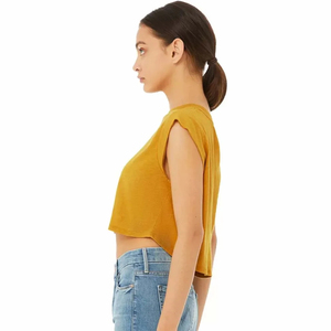 Women's Mustard Yellow <b>Crop</b> <b>Top</b> O-Neck Short Sleeve Solid Color Casual Knitted T-Shirt Spring Summer Style - Product Image 4