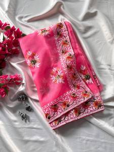 Pink Designer Organza Saree with Heavy Floral Embroidered Border Net Saree with Sheer Dupatta Style Luxury Party Wear - Product Image 1