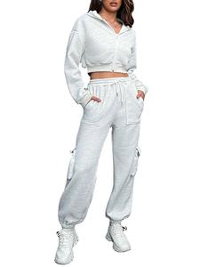 ชุดลำลองผู้หญิงผ้าฝ้ายแท้ 100% แบบสวมใส่สบาย ชุดออกกำลังกาย เสื้อครอปฮู้ดดี้ กางเกงจ็อกกิ้ง ชุดสองชิ้น ระบายอากาศได้ดี - Product Image 2