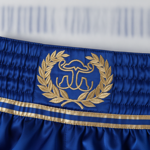 Shorts de boxe bleus pour hommes, coupe classique, broderie à la main, logo doré sur le devant, vêtements d'arts martiaux, taille adulte, polyester - Product Image 6