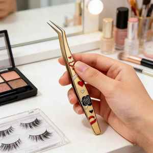 Pince à épiler en émail doré pour cils, motif cœur et rose, pince à eyeliner de précision, pointes courbées et plates pour salon de beauté - Product Image 3