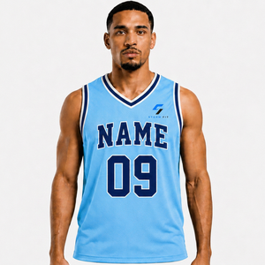Camiseta de Baloncesto Personalizada para Hombre, Azul Claro, Cuello en V, Sin Mangas, Impresión Sublimada con Nombre y Número 09, Transpirable, Absorbe la Humedad, 100% - Product Image 1