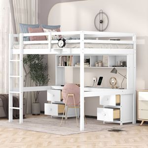 Letto a soppalco bianco full-size con scrivania, armadietti, cassetti e vassoio comodino con stazione di ricarica - Product Image 1