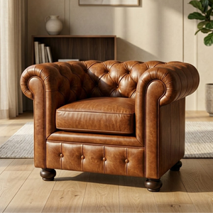 Elegant Vintage Brown Leather Chesterfield Chair with Nailhead Trim Luxury Accent Armchair for Living Room Décor - Product Image 1
