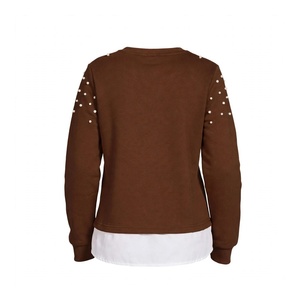 <b>Brown</b> Beaded Sweatshirt Women <b>Long</b> <b>Sleeve</b> Crewneck Pullover Casual Fleece Winter <b>Top</b> Elegant False Two Piece Fake Layered Shirt - Product Image 2