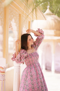 Pur coton Midi vert lavande robe florale indien Bagru bloc imprimé coloré été confortable vêtements de jour - Product Image 2