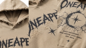 Sudadera con Capucha Extra Grande Color Beige Arena, Diseño Gráfico Desgastado, Estilo Urbano para Hombre, Algodón Grueso - Product Image 4