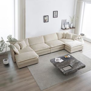 Divano Modulare a U in Ciniglia Beige, Reversibile, con Chaise Longue e Doppi Pouf Extra, Grande Divano Componibile per Soggiorno - Product Image 1