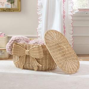 Cesta de ropa de mimbre con lazo y tapa, cesto decorativo de mimbre para juguetes, cesto de lavandería, caja para dormitorio de niñas - Product Image 4