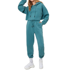 Ensemble de survêtement personnalisé pour femmes, deux pièces, sweat à capuche zippé court et pantalon évasé, avec logo, survêtement élégant pour femmes - Product Image 1