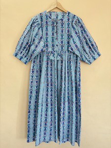 Boho Midi <b>Dress</b> with Floral Striped Hand Block Print Short Puff Sleeve <b>Loose</b> Fit Cotton Summer Casual <b>Dress</b> For Women - Product Image 3