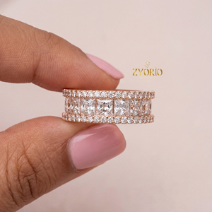 Luxury Rose Gold Triple Row Lab Grown Diamond Eternity Band Princess Cut Center Pave Border Engagement Wedding <b>Ring</b> <b>Large</b> Zyorio - Product Image 5