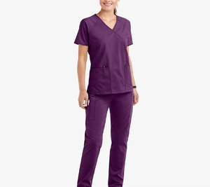 Women Purple <b>Scrub</b> Set V-Neck Top With Pockets And Matching Pants Hospital Uniforms Woven Polyester Material - Product Image 1