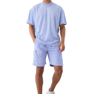 New Arrival Men's Light Blue Cotton Terry T-Shirt Set Crew Neck Solid Color Casual Summer Shorts Breathable Knitted Fabric - Product Image 1
