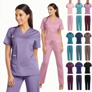 Unisex Medical Scrubs <b>Set</b> Stretch Uniform Top Pants Contrast Binding Nurse <b>Doctor</b> Hospital Workwear Polyester Twill - Product Image 2