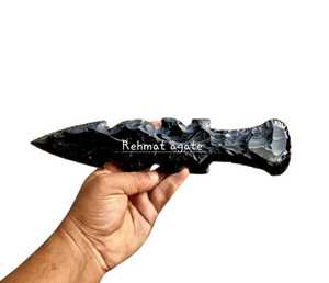 Dague tactique artisanale en obsidienne noire, pointe/lame de flèche (finition brute) - Product Image 3