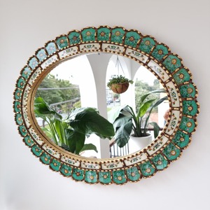 Beautiful Green Glass Panel Decorative Oval Shape Mirror Ideal For Special Occasion Home Decor And Gifting Purpose From India - Product Image 1