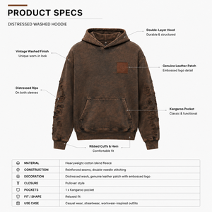 Sweat à capuche marron délavé vintage 450 g/m² pour homme, style workwear vieilli avec patch en cuir véritable, personnalisable OEM Sialkot - Product Image 5