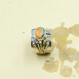 Orange Spiny Oyster Turquoise Handmade <b>Ring</b> 925 Sterling Silver And Brass <b>Statement</b> Vintage Artisan Gemstone Jewelry For Women - Product Image 6