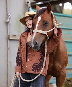 Women's Brown Color Rust Quilted Cotton Jacket Turn Down Collar <b>Button</b> Front Long Sleeve Leaf Patch Work Jacket Comfortable Wear - Product Image 1