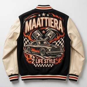 <b>Men</b> Black Letterman <b>Jacket</b> <b>Cream</b> Leather Sleeves Racing Car Graphic Embroidered Design Snap Front Ribbed Streetwear - Product Image 5
