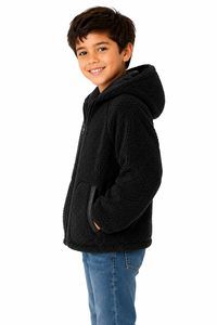 <b>Boys</b> Black Teddy Fleece Hooded Jacket Winter Warm Sherpa Hoodie Kids Zip <b>Up</b> Jacket Soft Plush Winter Coat Stylish <b>Boys</b> Outerwear - Product Image 2