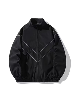 Men's Black Fleece <b>Racer</b> <b>Jacket</b> Stand Collar Batwing Sleeve Zipper Closure Sporty Loose Fit Autumn Wear - Product Image 4