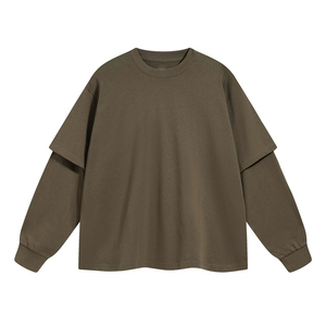 เสื้อยืดแขนยาวผู้ชายทรงโอเวอร์ไซส์ คอกลม สีพื้น ผ้าถัก สวมใส่สบาย เสื้อยืดผู้ชายแขนสองชั้นทรงโอเวอร์ไซส์ - Product Image 1