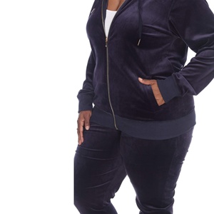 Conjunto Deportivo de Terciopelo Azul Marino para Mujer, Talla Grande, con Capucha, Pantalones Largos de Color Sólido, Casuales, con Bolsillos Laterales y Cierre de Cremallera, para Otoño - Product Image 5
