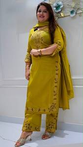 Yellow Embroidered <b>Women</b> <b>Suit</b> Set <b>3</b> <b>Piece</b> Kurta Palazzo Dupatta Salwar Kameez Outfit for Party Wedding - Product Image 1