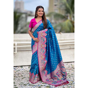 Sari de Seda Darbari Azul Elite Weaves con Tejido Zari, Ropa India y Pakistaní, 700g - Product Image 2